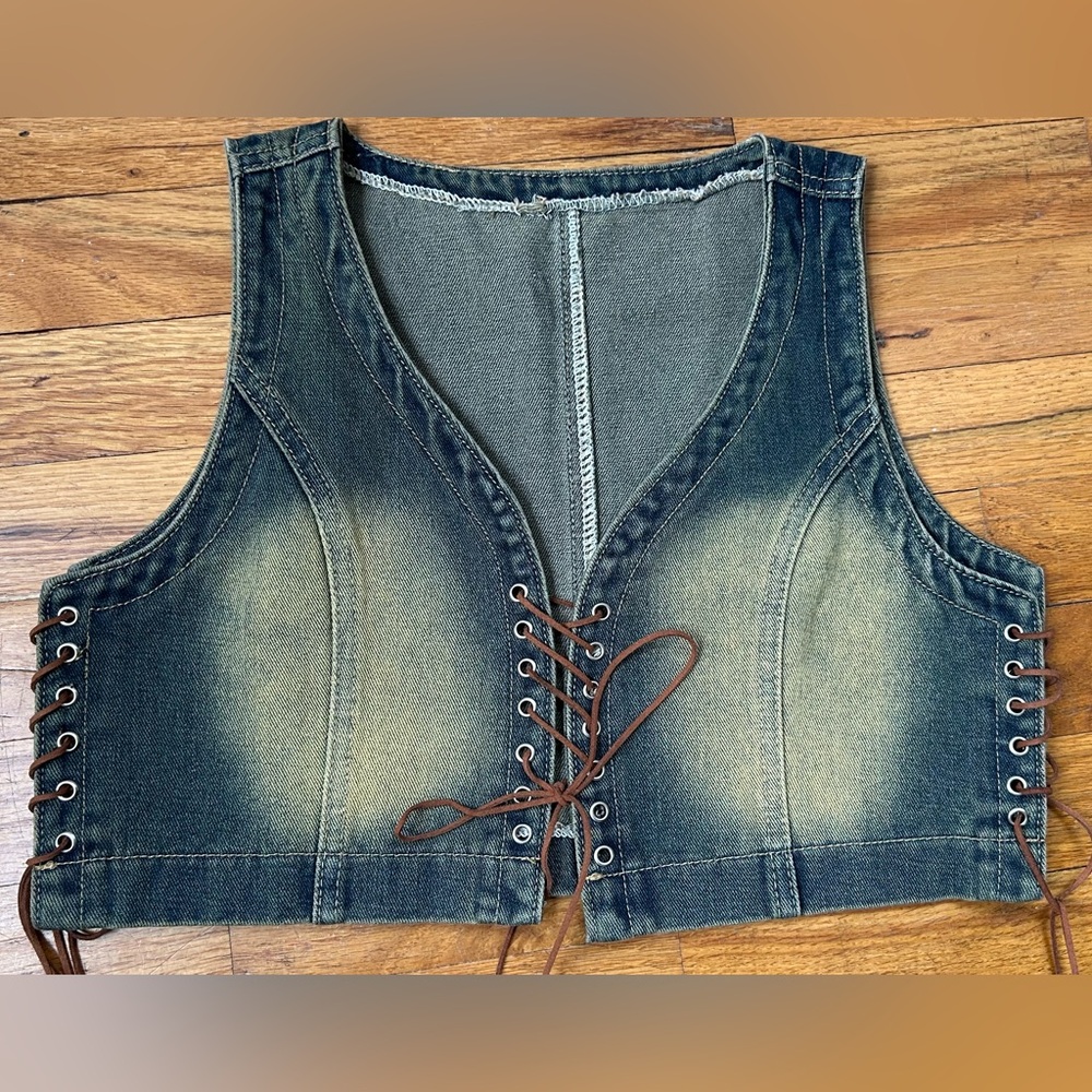 Vintage Y2K Denim Vest Size S Blue Jean Cropped Western Boho Cowgirl Lace Up